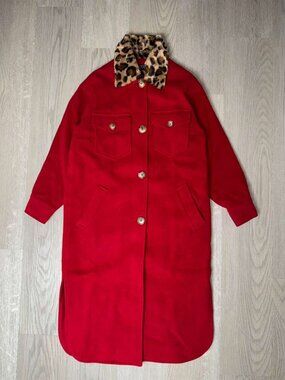 Helene Berman London x Anthropologie Red Wool Blend Coat - Leopard Collar - XS